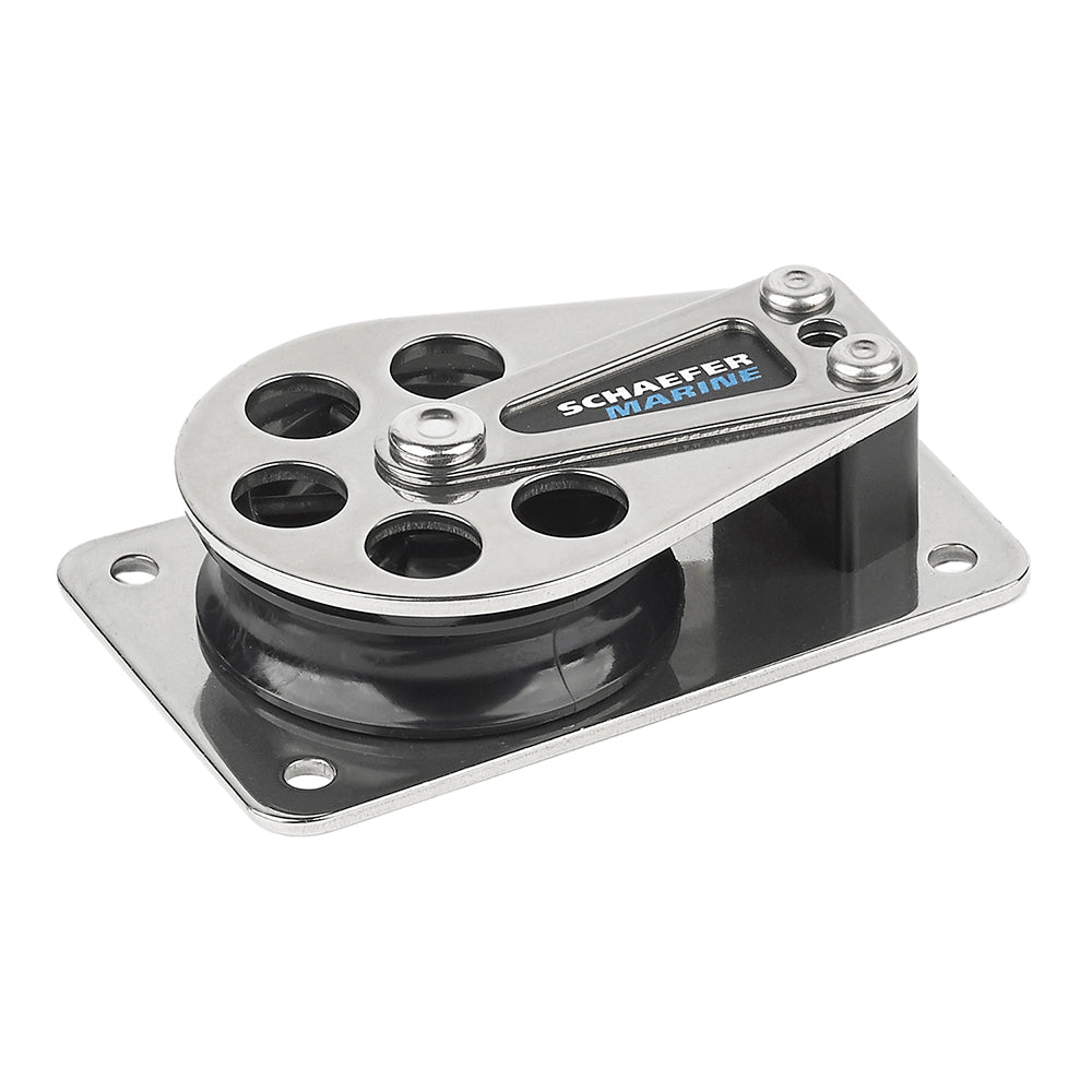 Schaefer Marine Series 5 flat base cheek block with stainless steel cheeks, used on sailing rigs for sail control and hardware.