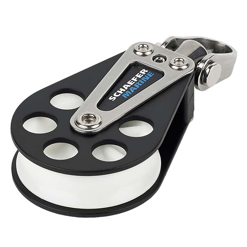 Schaefer Marine single aluminum block with 51mm sheave, used in sailing and rigging applications for smooth pulley operation.
