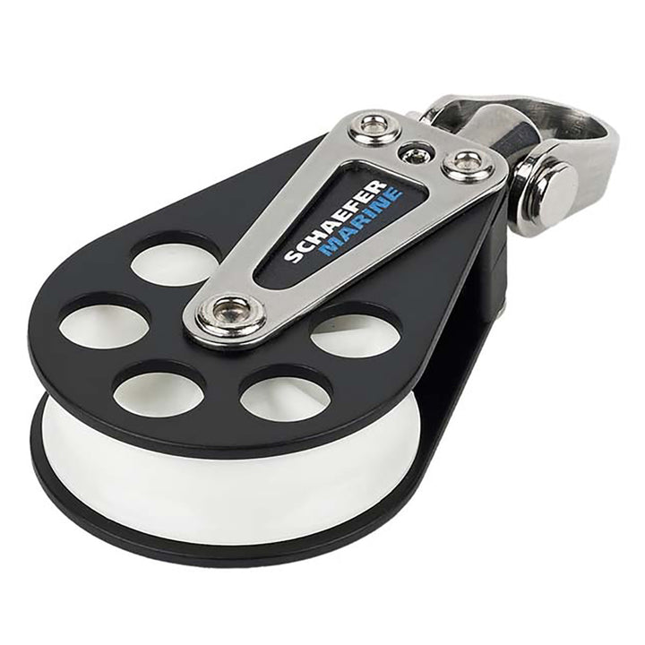 Schaefer Marine single aluminum block with 51mm sheave, used in sailing and rigging applications for smooth pulley operation.