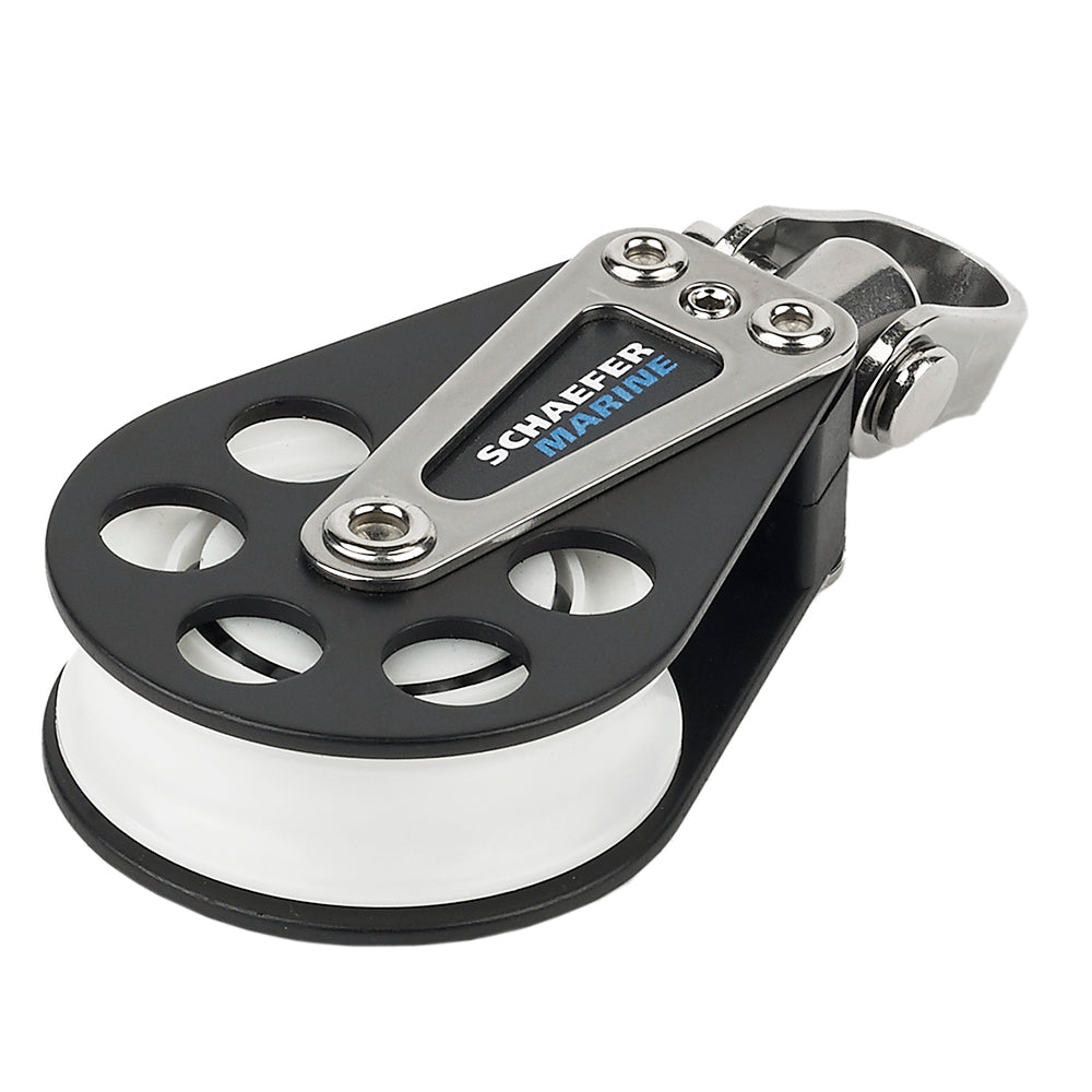 Schaefer Marine single ball bearing block, marine sailing hardware, shown with polished metal and durable construction.