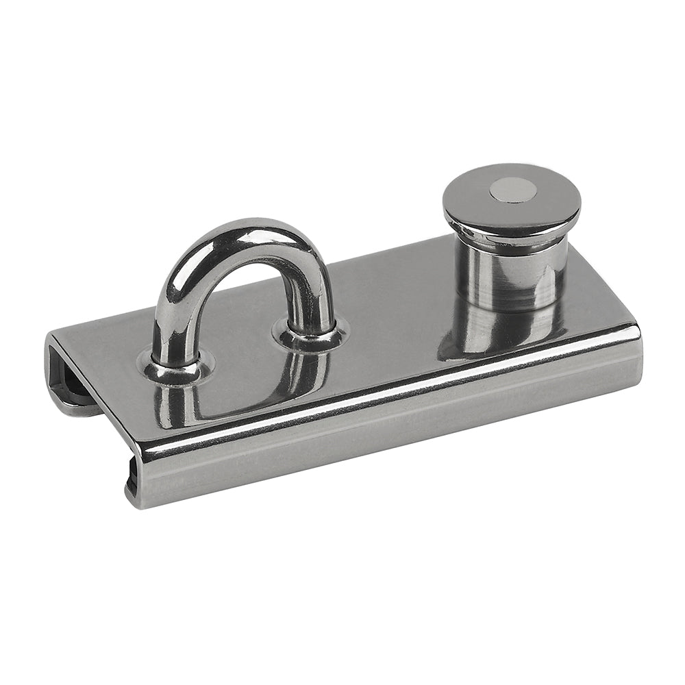 Schaefer Marine stainless steel T-track slider with lined eye slide, 1 inch by 1/8 inch, used for boat rigging and marine applications.