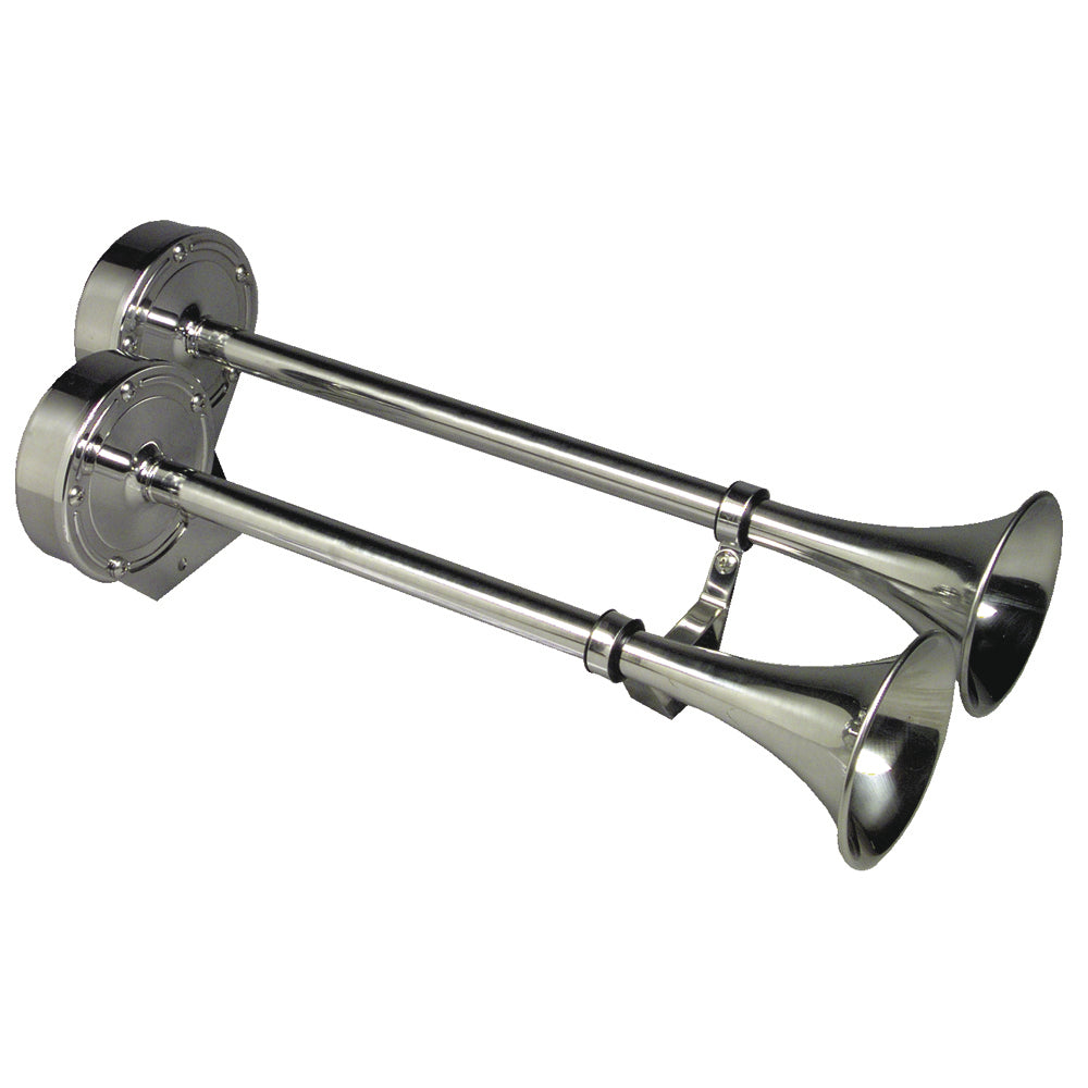 Schmitt Marine Deluxe All-Stainless Dual Trumpet Horn, 12V, marine horn with shiny stainless steel finish and dual trumpet design.