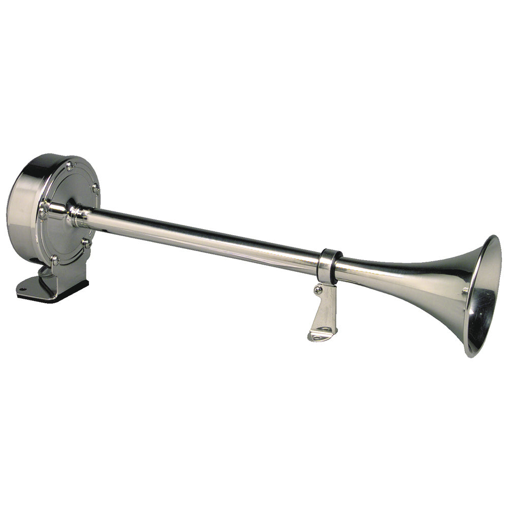 Schmitt Marine Deluxe All-Stainless Single Trumpet Horn mounted on boat, 12V marine horn with polished stainless steel finish.