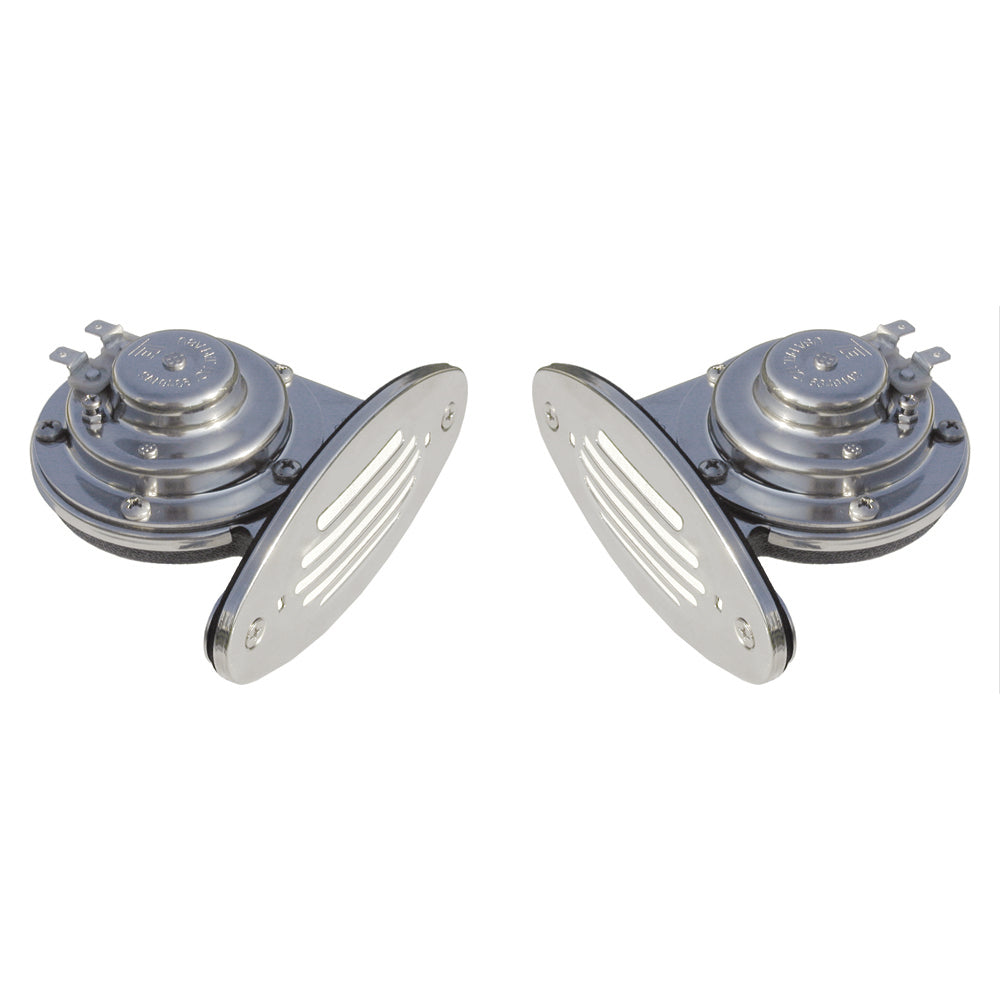 Schmitt Marine Mini Stainless Steel Dual Drop-In Horn with stainless steel grills, high and low pitch marine horn for boats.