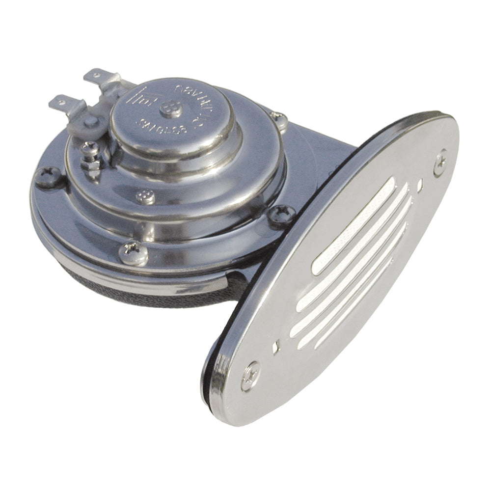 Schmitt Marine Mini Stainless Steel Single Drop-In Horn with Stainless Steel Grill, 12V high pitch marine horn for boats.
