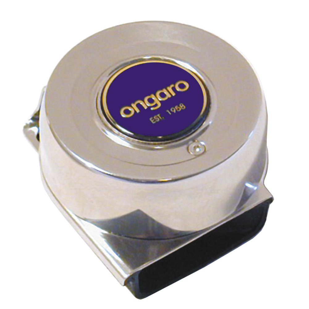Schmitt Marine all-stainless mini compact single 12V marine horn with metal casing and mounting bracket, designed for boat safety.