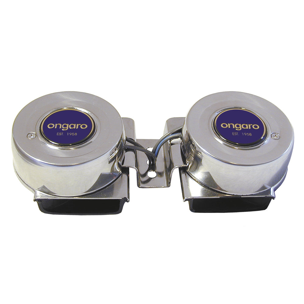 Schmitt Marine Ongaro All-Stainless Mini Compact Twin Horn, 12V, showcasing durable stainless steel construction and twin horn design.