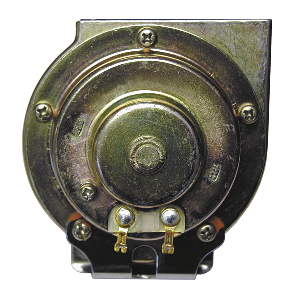 Schmitt Marine mini compact single hidden 12V horn mounted on boat, black metal with mounting bracket and wiring visible.