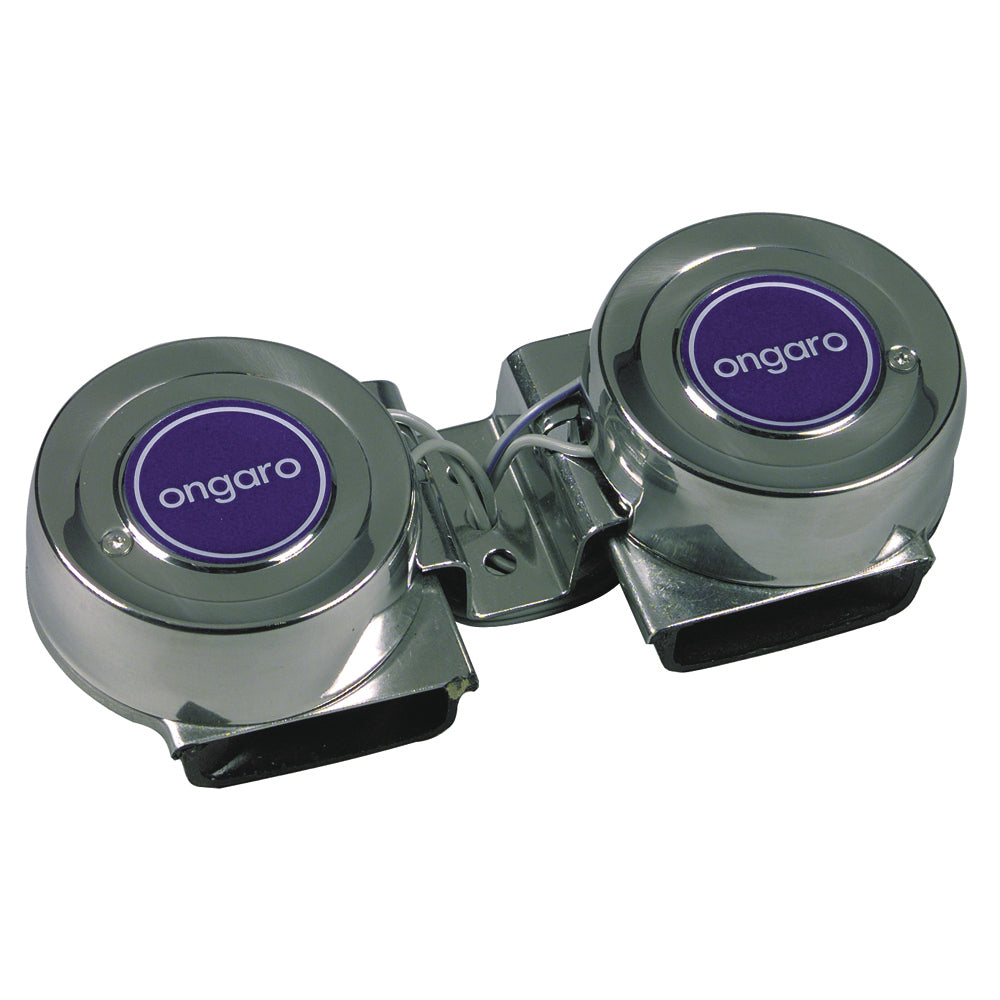Schmitt Marine Ongaro Mini Compact Twin Horn 12V, black marine horn with dual trumpet design and mounting bracket.