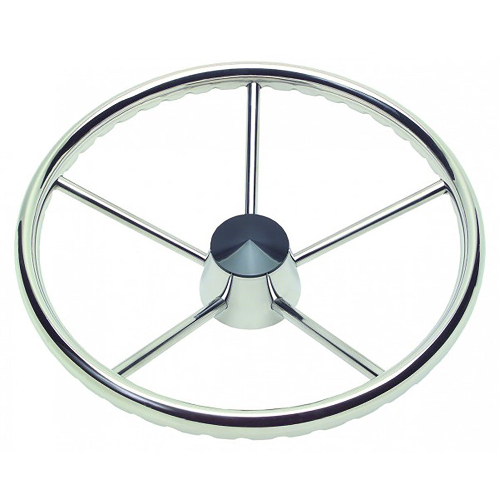 Schmitt Marine 170 Finger Grip Destroyer 5-Spoke Stainless Steel Steering Wheel with 13.5-inch diameter and tapered shaft with knob