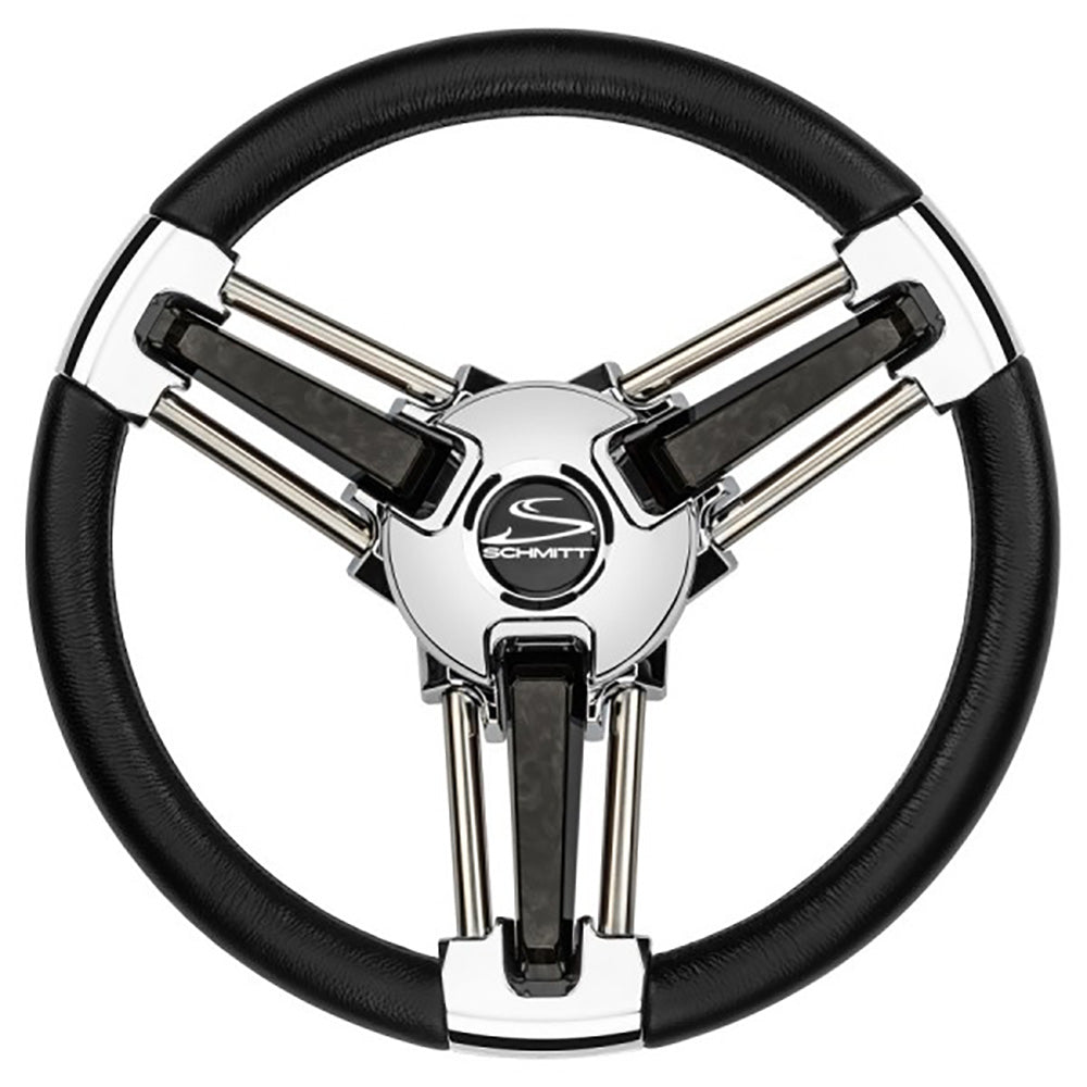Schmitt Marine Burano steering wheel, 14-inch black polyurethane with stainless spoke, tapered shaft, includes center cap and nut.