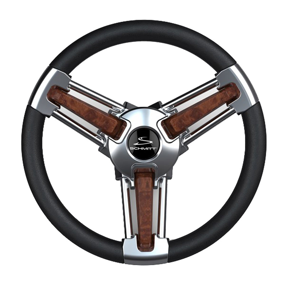 Schmitt Marine Burano 14-inch steering wheel with burl polyurethane finish, stainless spokes, tapered shaft, includes center cap and nut.