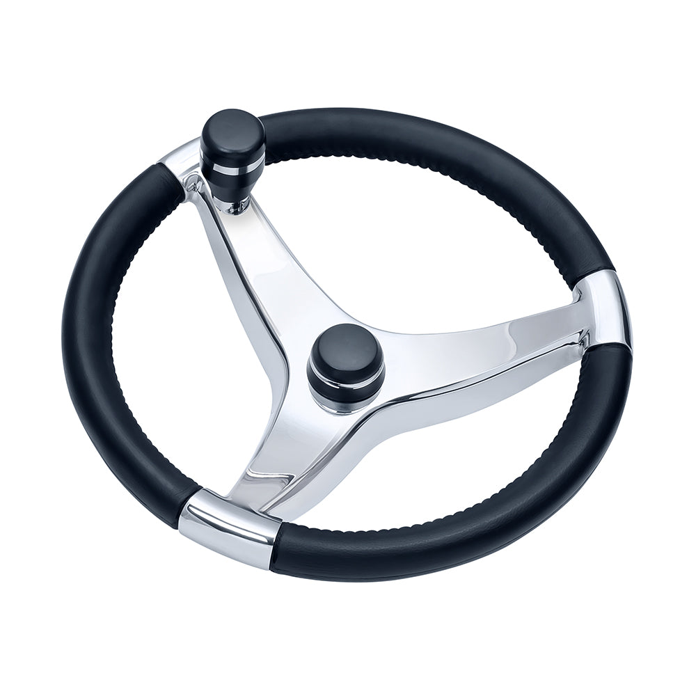 Schmitt Marine Evo Pro 316 stainless steel boat steering wheel with control knob, 13.5-inch diameter, marine steering wheel.
