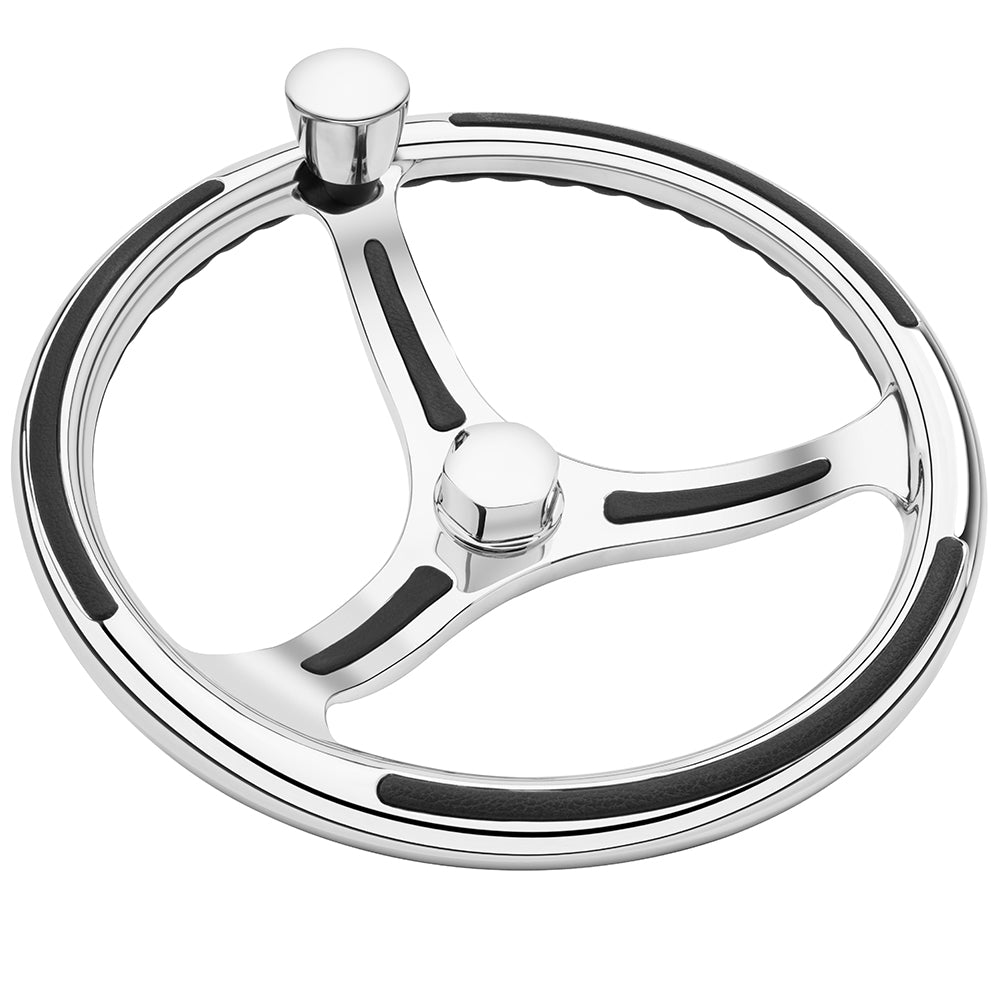 Schmitt Marine Primus Model 740 steering wheel with 13.5-inch wheel, finger grip knob, tapered shaft, faux nut, and adapters.