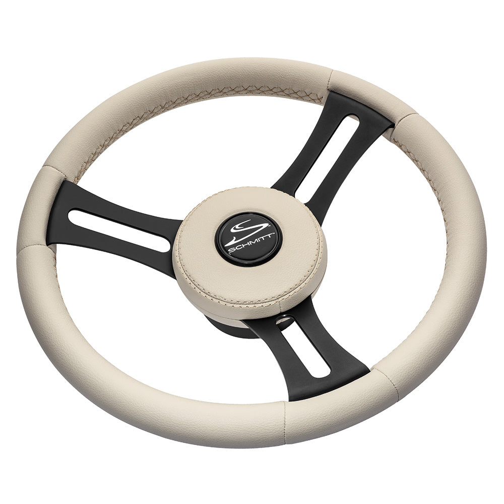 Roue Schmitt Marine Torcello Elite 14" - Enjoliveur en cuir beige - Surpiqûres blanches - Rayons noirs en acier inoxydable - Tige conique 3/4"
