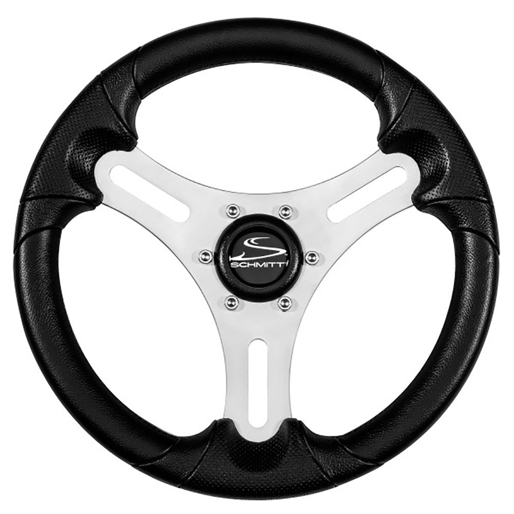 Schmitt Marine Torcello Lite 13-inch black polyurethane steering wheel with silver spokes, black cap, 3/4-inch tapered shaft for boats.