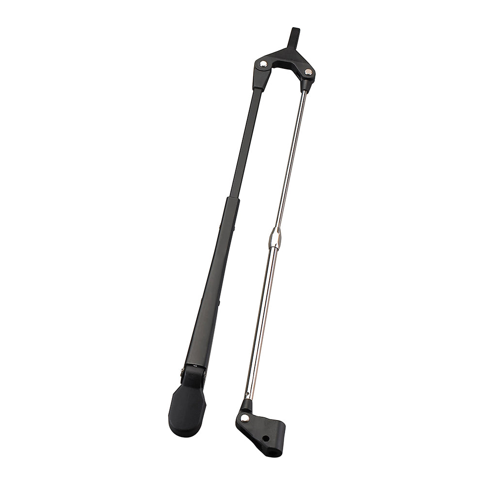 Schmitt Marine Deluxe Adjustable Pantograph Arm 19-24 inches windshield wipers in stainless steel with rubber blades, mounted on a boat windshield.