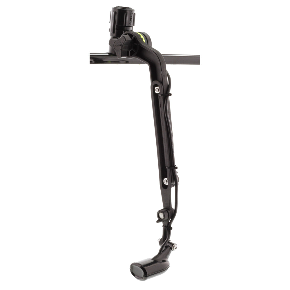 Scotty 141 kayak and SUP transducer arm mount with 438 gear head for fishing accessories, shown attached to kayak or paddleboard.