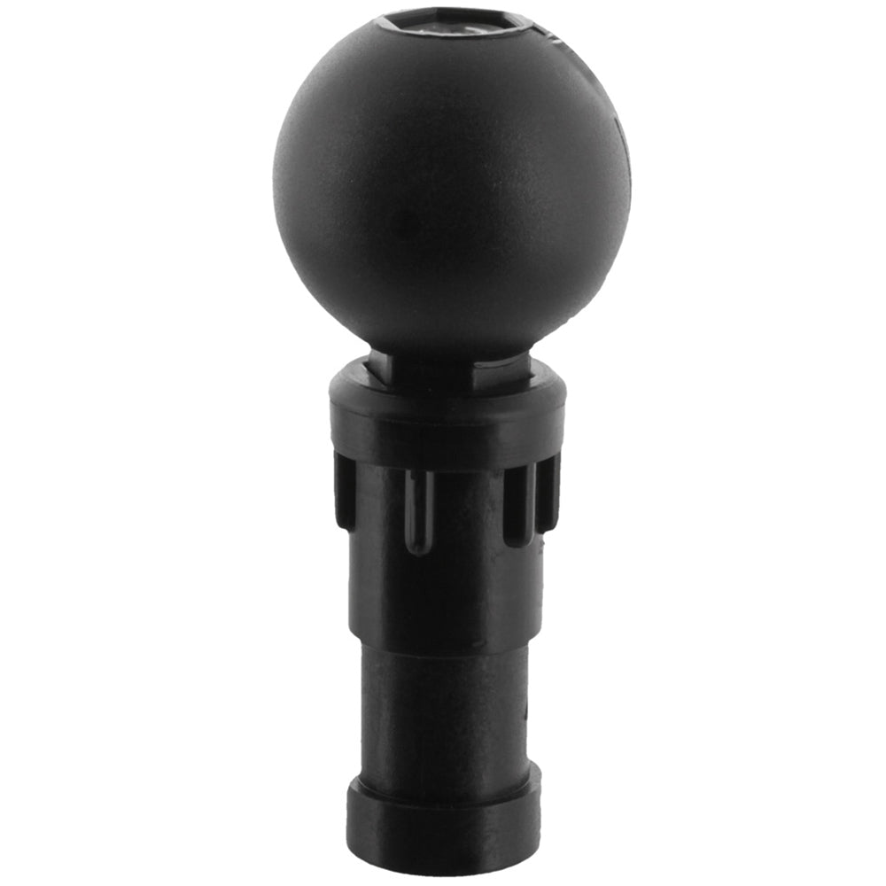 Scotty 169 1-1/2-inch ball with post mount for fishing rod accessories, mounted on a fishing boat or dock.