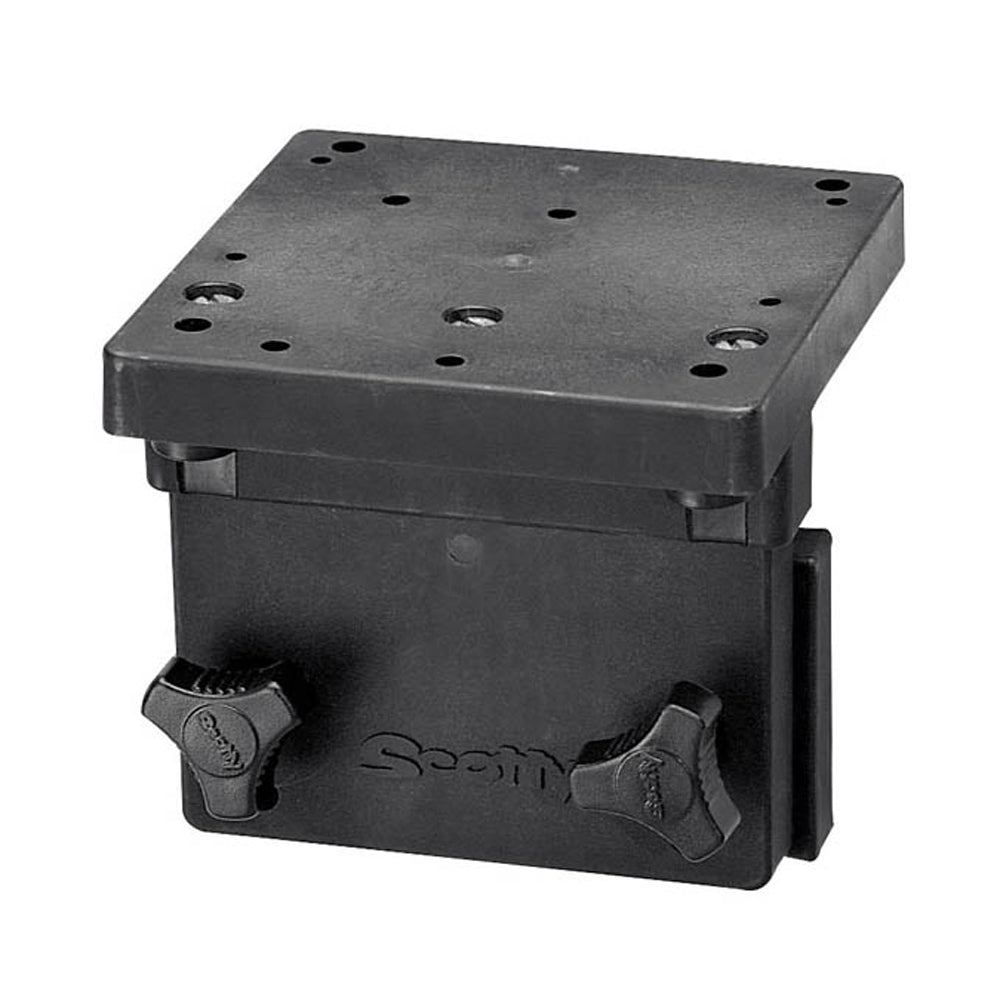 Scotty 1025 right angle side gunnel mount for downrigger accessories, shown attached to boat gunnel.