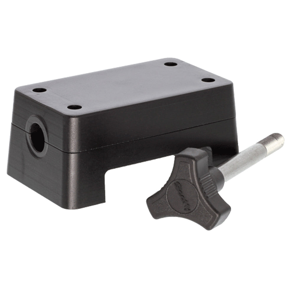 Scotty 423 Downrigger Rod Holder Adapter for boat fishing, mounted on a downrigger accessory, black and silver design
