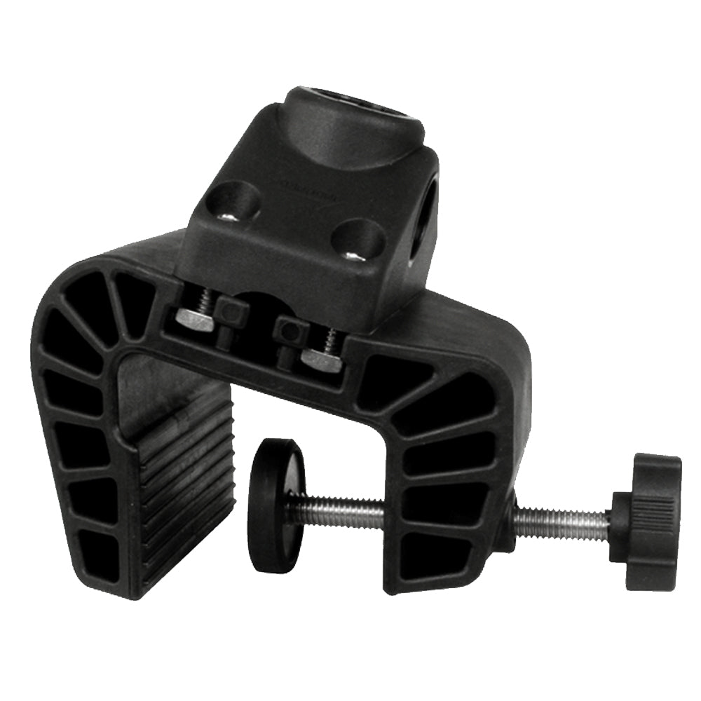 Scotty 449 portable nylon clamp mount for downrigger accessories, shown attached to a boat rail in a marine setting