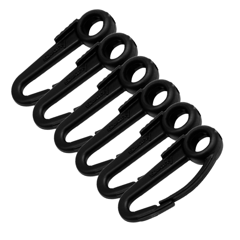 Six black Scotty nylon snap hooks for downrigger accessories, shown in a 6-pack, ideal for fishing gear and equipment.
