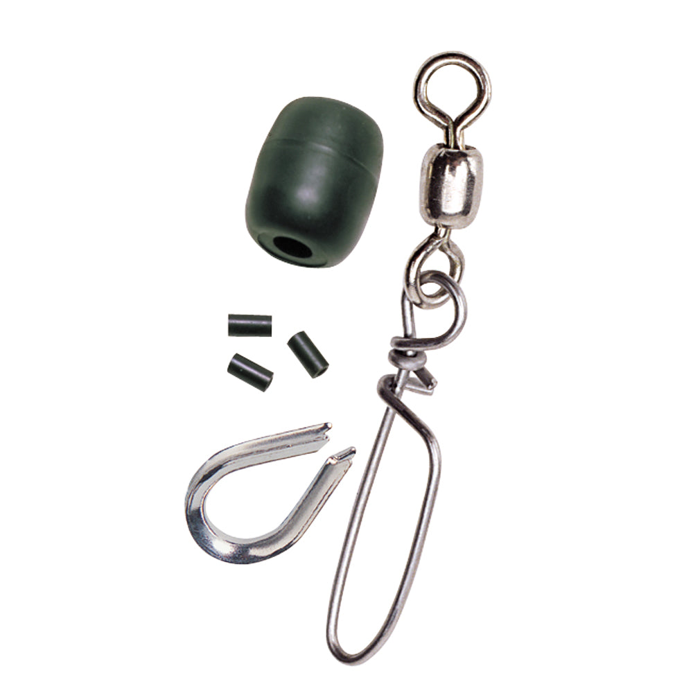 Scotty Terminal Kit with snap, thimble bumper, and sleeve for downrigger accessories, featuring durable components for fishing gear.