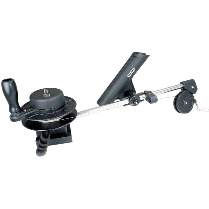 Scotty 1050 Depthmaster Compact Manual Downrigger for fishing, featuring a sturdy black frame and adjustable arm.