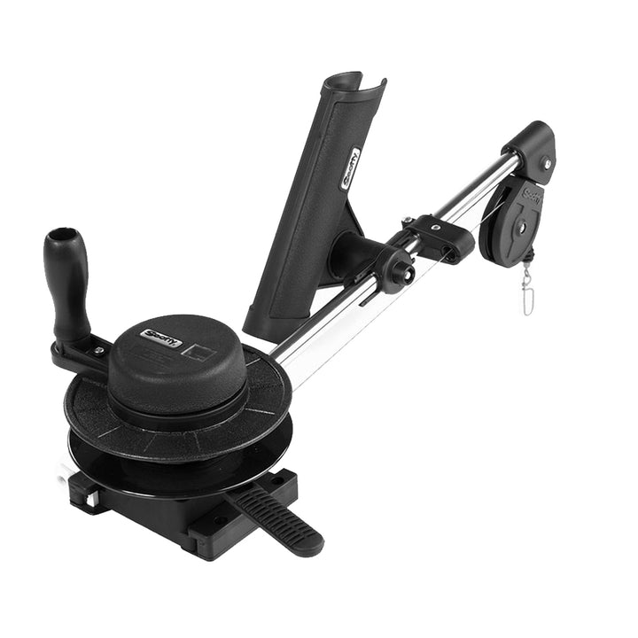 Scotty 1050 Depthmaster Compact Manual Downrigger mounted on boat with fishing line and gear ready for deep water fishing.