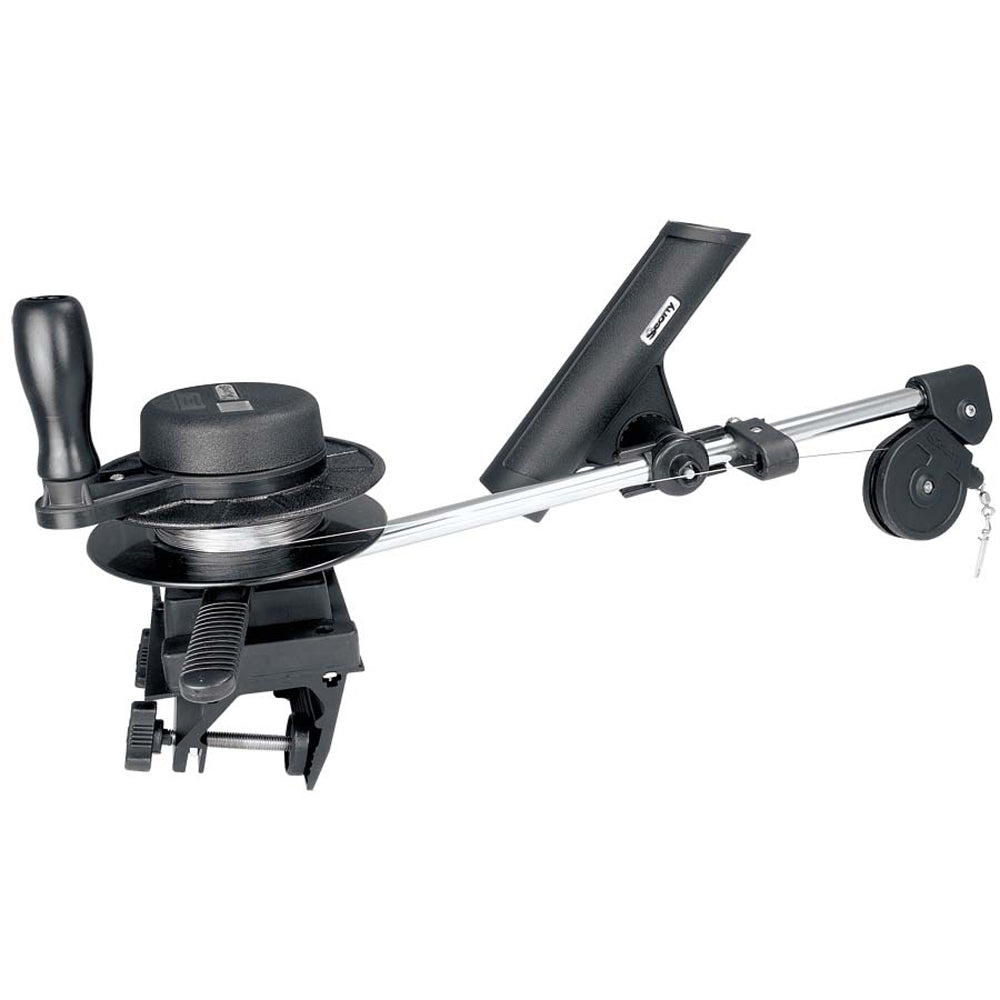 Scotty 1050 Depthmaster downrigger with 1021 clamp mount, featuring a durable black and silver design for fishing boat trolling.