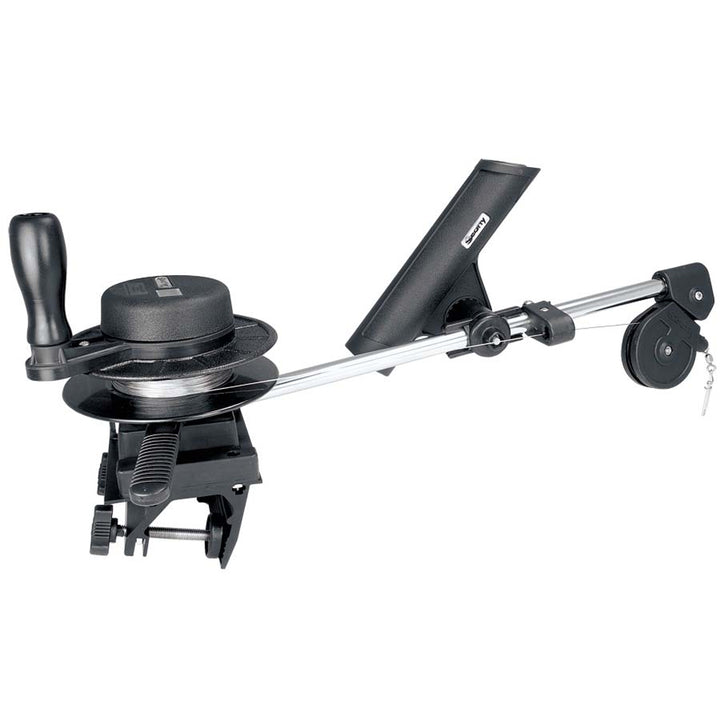 Scotty 1050 Depthmaster downrigger with 1021 clamp mount, featuring a durable black and silver design for fishing boat trolling.