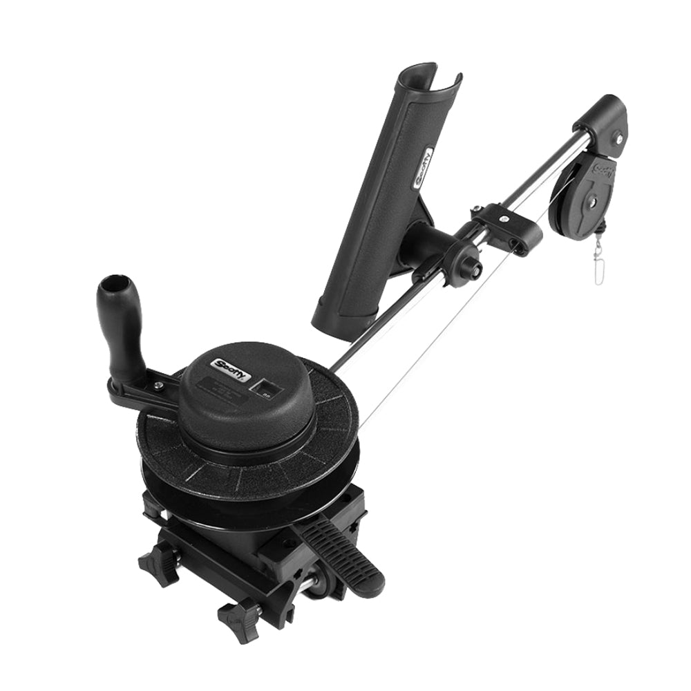 Scotty 1050 Depthmaster downrigger with 1021 clamp mount for fishing boats, showing the sturdy mounting bracket and control arm.