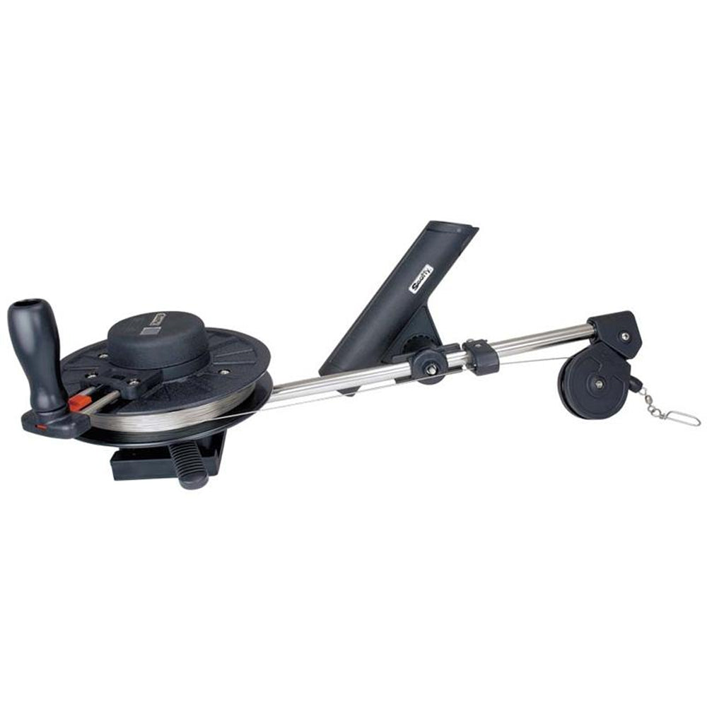 Scotty 1060 DepthKing manual downrigger with rod holder for fishing, showing the black metal frame and adjustable features