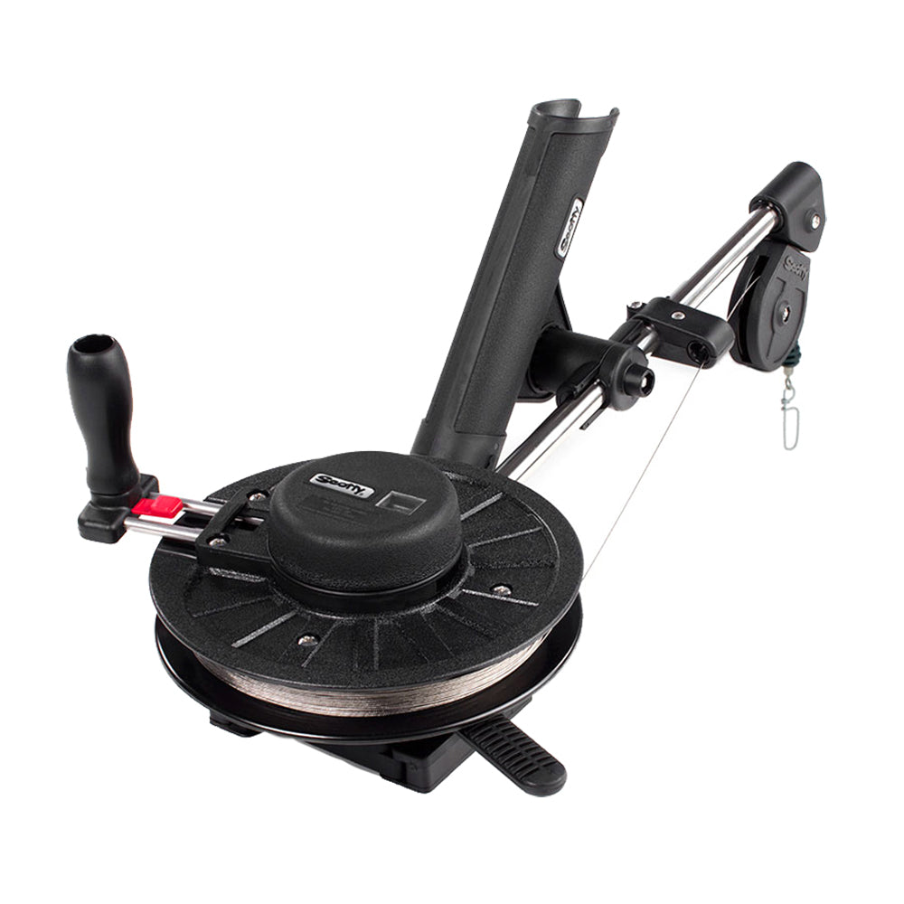 Scotty 1060 DepthKing manual downrigger with rod holder for boat fishing, featuring a sturdy black and silver design.