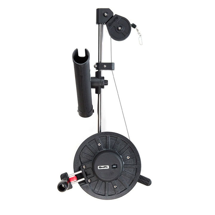 Scotty 1060 DepthKing manual downrigger with rod holder for fishing boats, featuring a durable design and adjustable mounting.