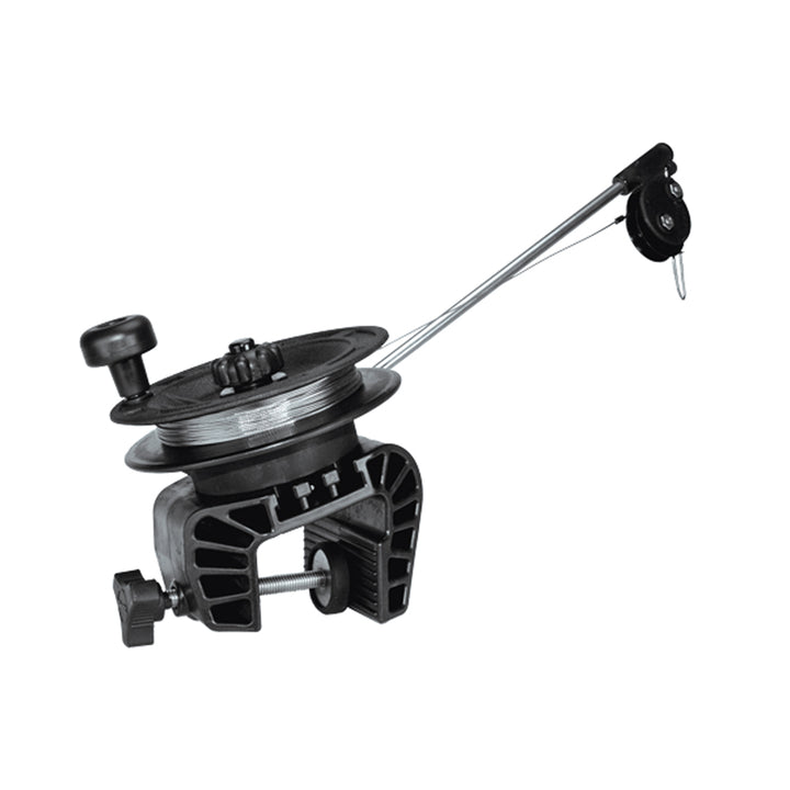 Scotty 1071 Laketroller clamp mount manual downrigger with handle and mounting base for fishing boat equipment.