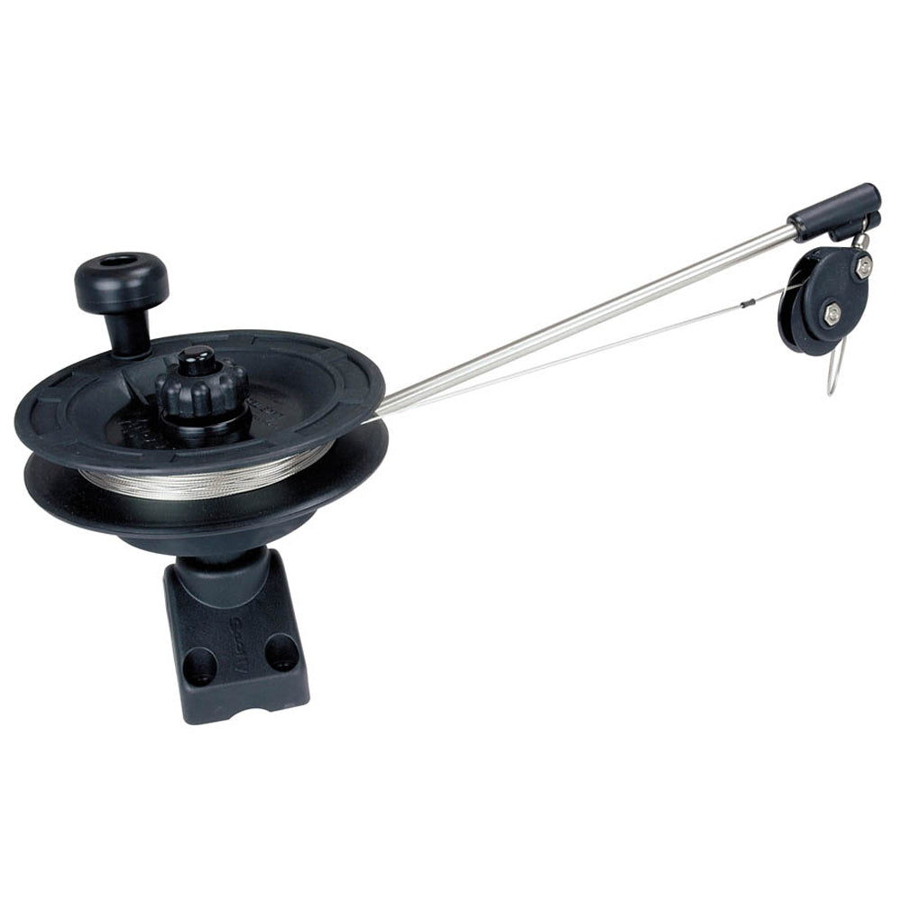 Scotty 1073 Laketroller bracket mount downrigger for fishing boats, with cable and reel components visible on the product.