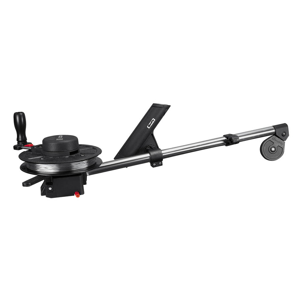 Scotty 1085 Strongarm 30-inch manual downrigger with rod holder for fishing, mounted on boat deck
