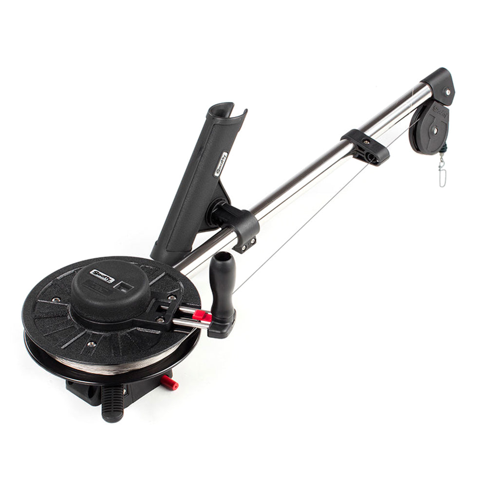Scotty 1085 Strongarm 30-inch manual downrigger with rod holder for fishing boats and trolling applications.