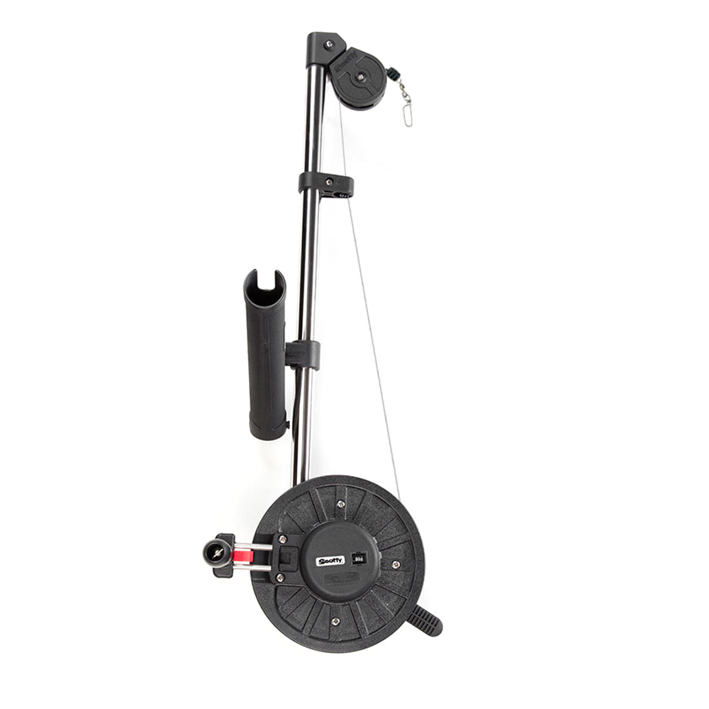 Scotty 1085 Strongarm 30-inch manual downrigger with rod holder for trolling fishing, black and silver equipment.