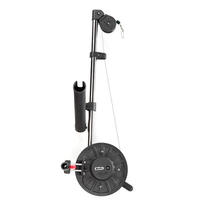 Scotty 1085 Strongarm 30-inch manual downrigger with rod holder for trolling fishing, black and silver equipment.