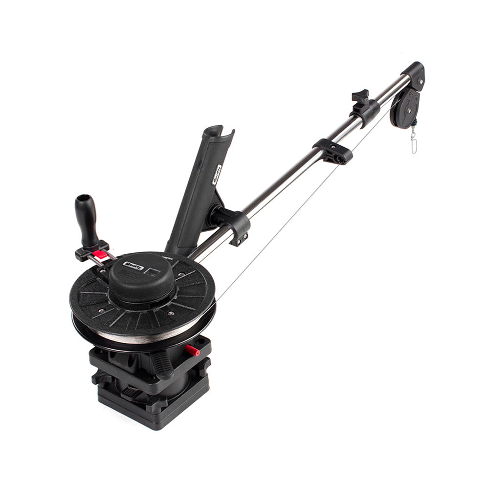 Scotty 1091 telescoping 60-inch longarm manual downrigger with swivel base, used for fishing boat trolling.
