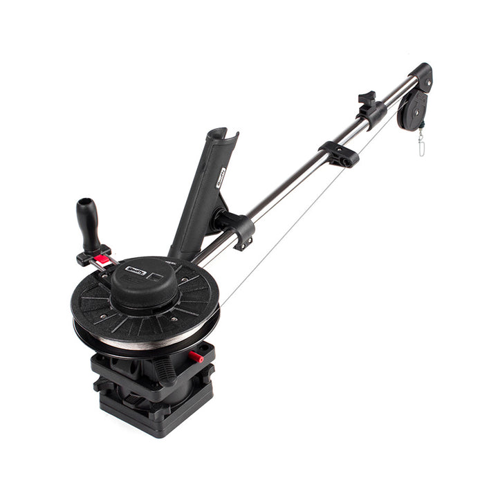 Scotty 1091 telescoping 60-inch longarm manual downrigger with swivel base, used for fishing boat trolling.
