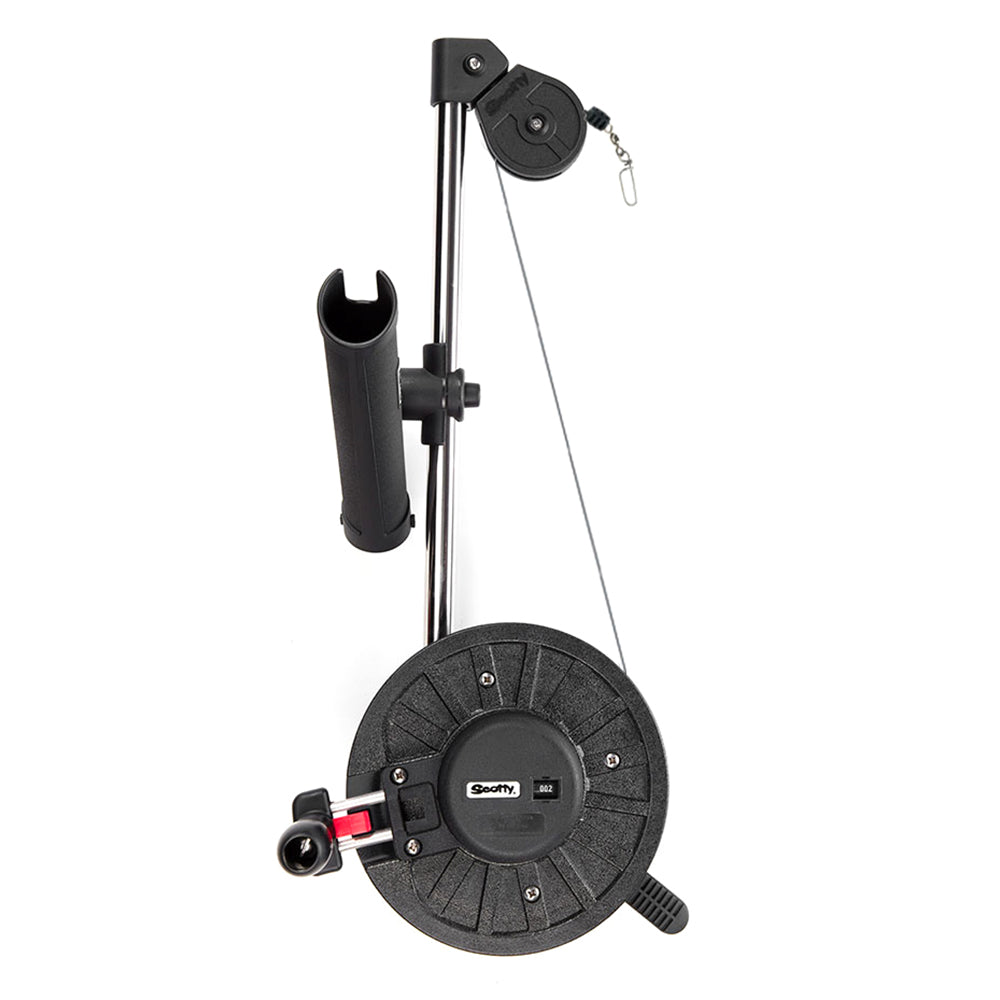 Scotty 1091 Telescoping 60-inch manual downrigger with swivel base for fishing boats, featuring longarm and adjustable height.