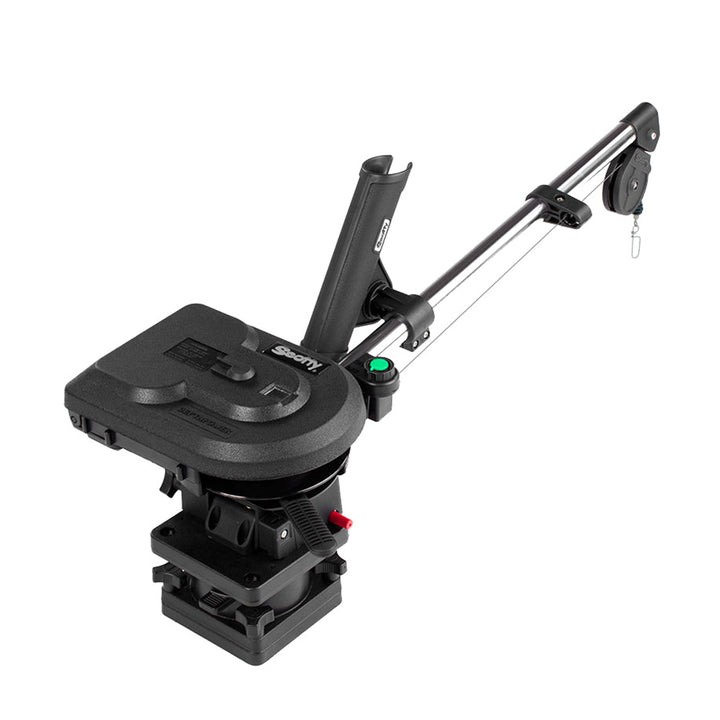 Scotty 1101 Depthpower 30-inch electric downrigger with rod holder and swivel base for fishing boats.
