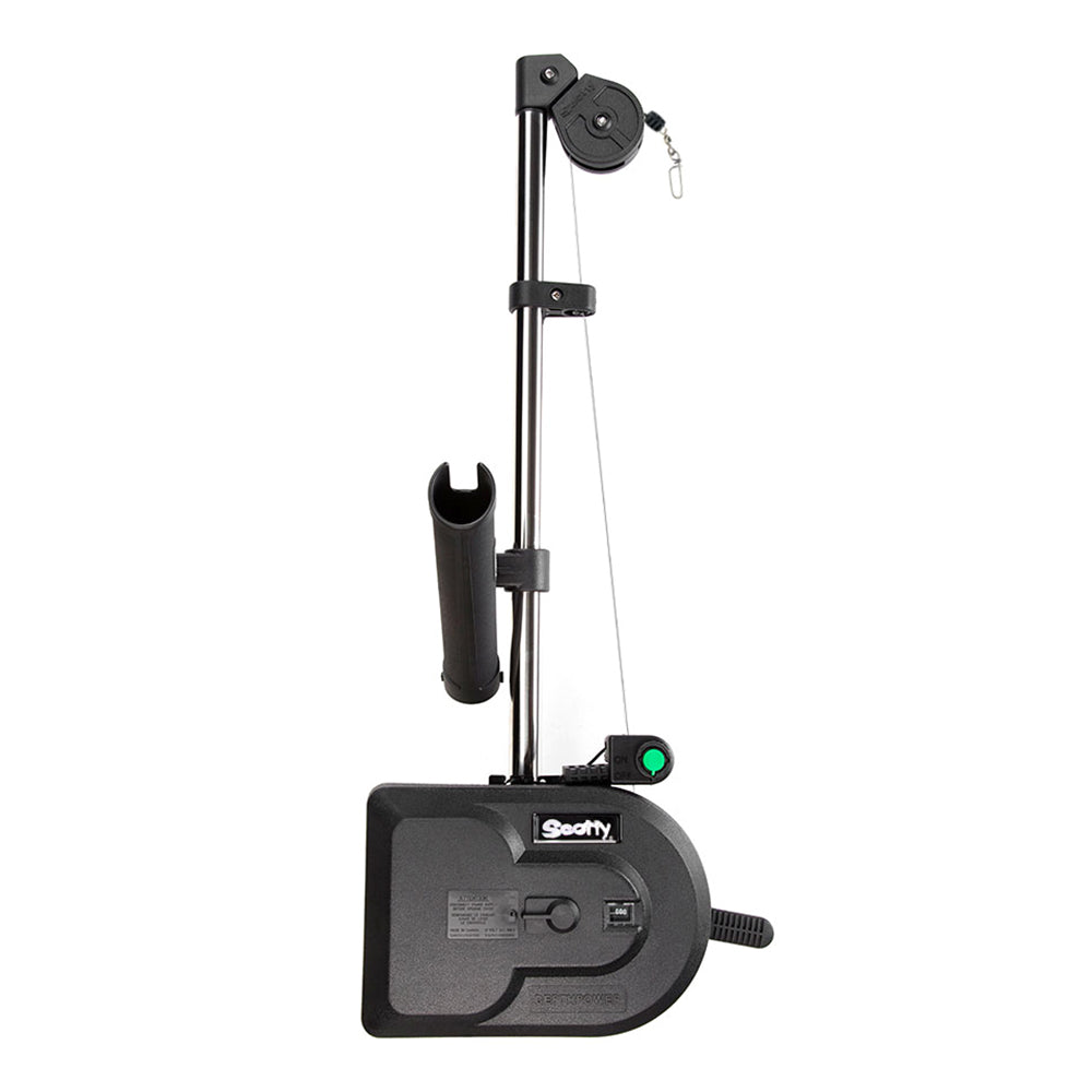 Scotty 1101 Depthpower 30-inch electric downrigger with rod holder and swivel base for fishing boats.