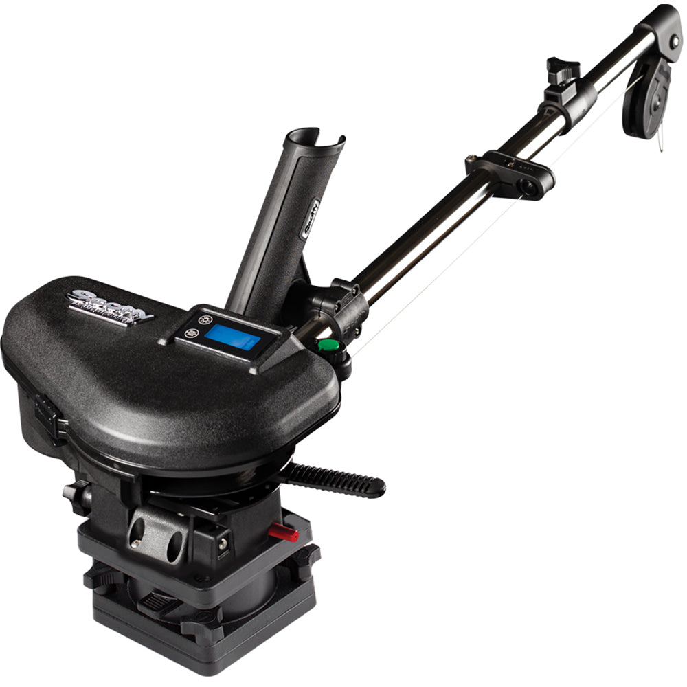 Scotty 2106B Depthpower HP downrigger with stainless steel telescoping arm, adjustable from 36 to 60 inches for fishing boats.