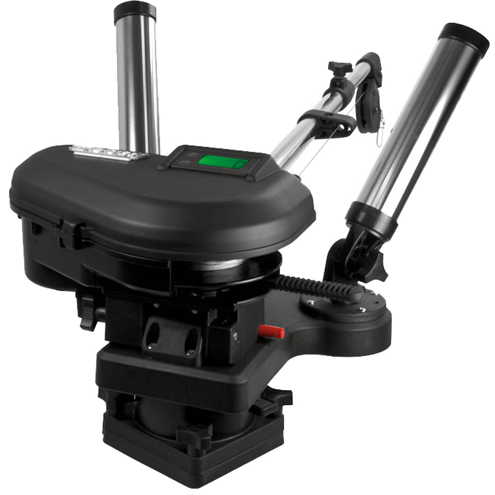 Downrigger électrique Scotty Depthpower 2116 CV, flèche télescopique en acier inoxydable de 60 po avec base pivotante et support de canne double