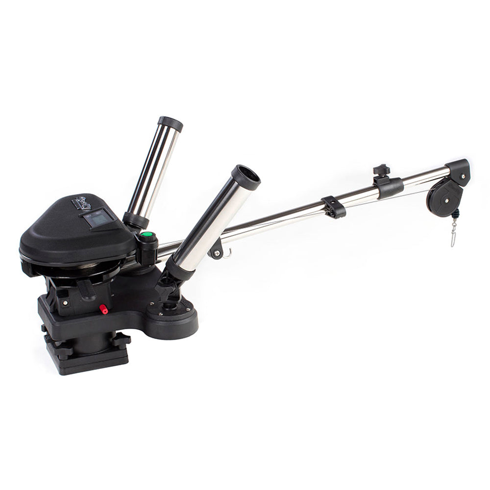 Downrigger électrique Scotty Depthpower 2116 CV, flèche télescopique en acier inoxydable de 60 po avec base pivotante et support de canne double